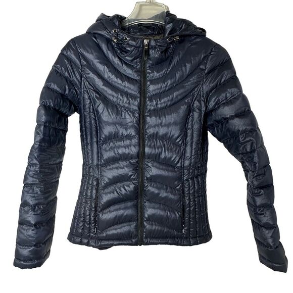 Andrew Marc Navy Blue Puffer Jacket Hooded Packable Lightweight Premium Down S - Picture 1 of 7